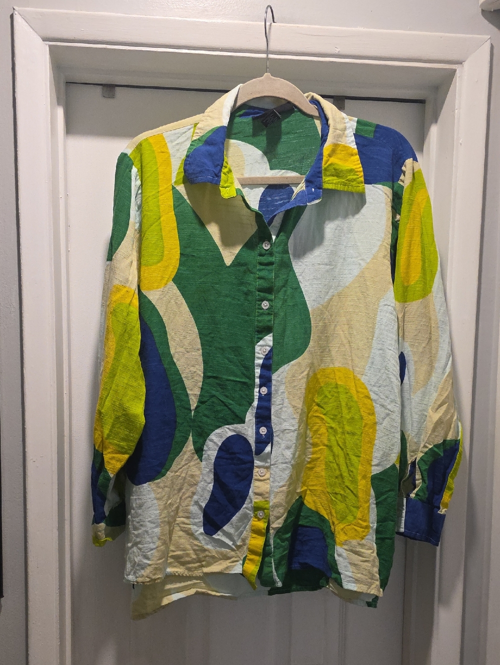 Ashley Stewart Green Blue Yellow Abstract Button-Up